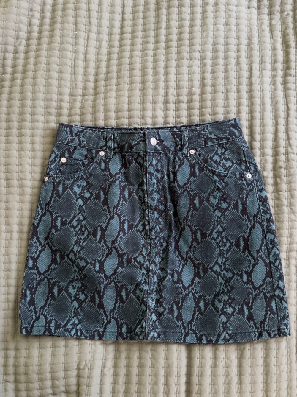 Topshop Teal & Black Snake-Print Mini Skirt